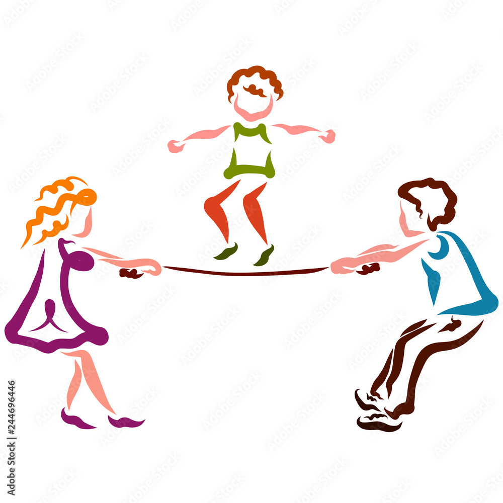 Fototapeta premium parents or friends hold a jump rope through which the child jumps