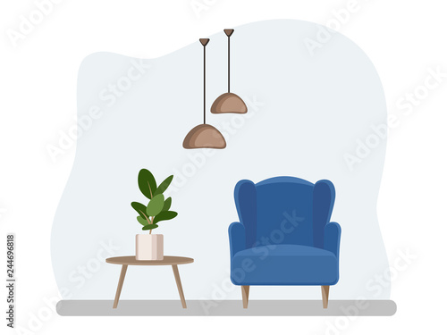 Interior of the living room with furniture. Flat cartoon style. Vector illustration