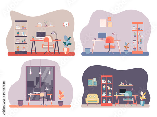 Set Interior of the office workplace with furniture. Flat cartoon style. Vector illustration