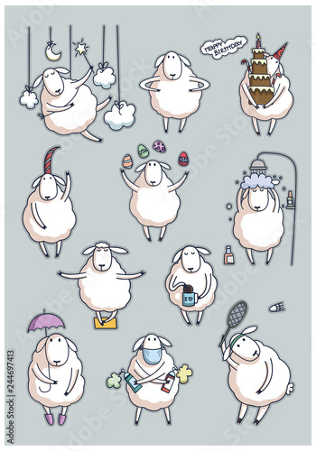 Funny cute sheep. set