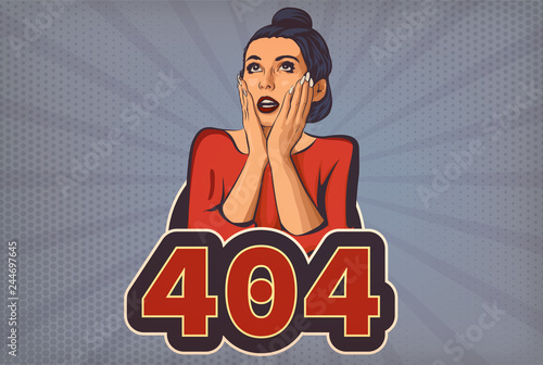 404 Page not found vector illustration. Web internet problem with internet page. Woman with open mouth cartoon pop art styled. Vector illustration. Retro styled.