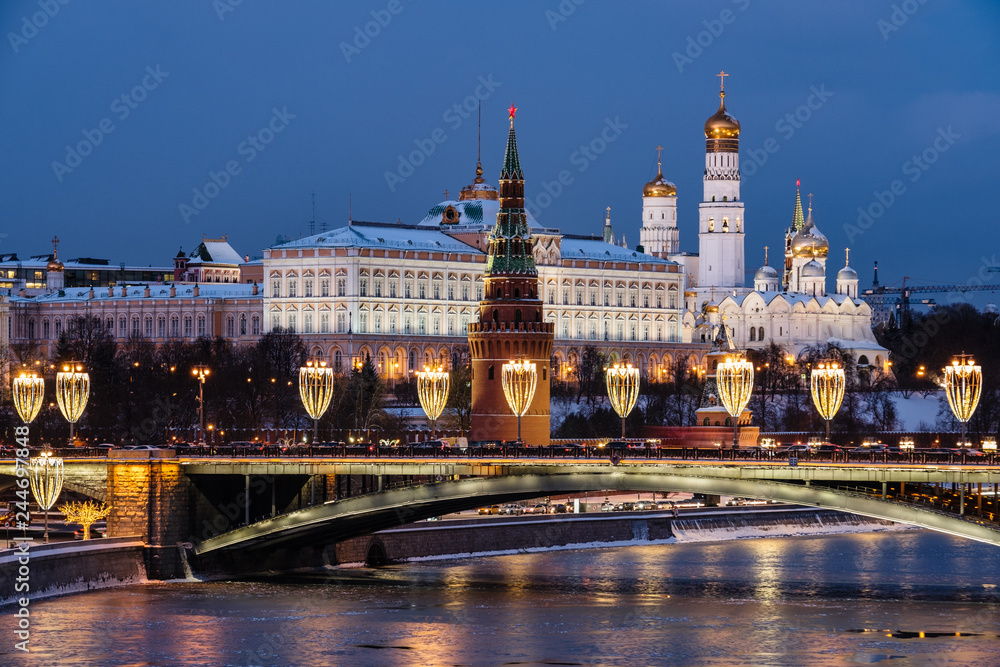 View of Moscow river and Kremlin embankment at the night from Patriarchal Bridge.