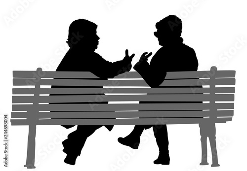Women gossip at the break. Senior lady friends sitting on bench and talking in public park. Grandmothers spread rumors vector silhouette illustration. Backbite senior girls. Outdoor relaxation.