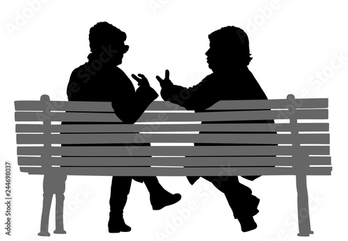 Women gossip at the break. Senior lady friends sitting on bench and talking in public park. Grandmothers spread rumors vector silhouette illustration. Backbite senior girls. Outdoor relaxation.
