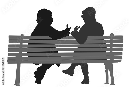 Women gossip at the break. Senior lady friends sitting on bench and talking in public park. Grandmothers spread rumors vector silhouette illustration. Backbite senior girls. Outdoor relaxation.