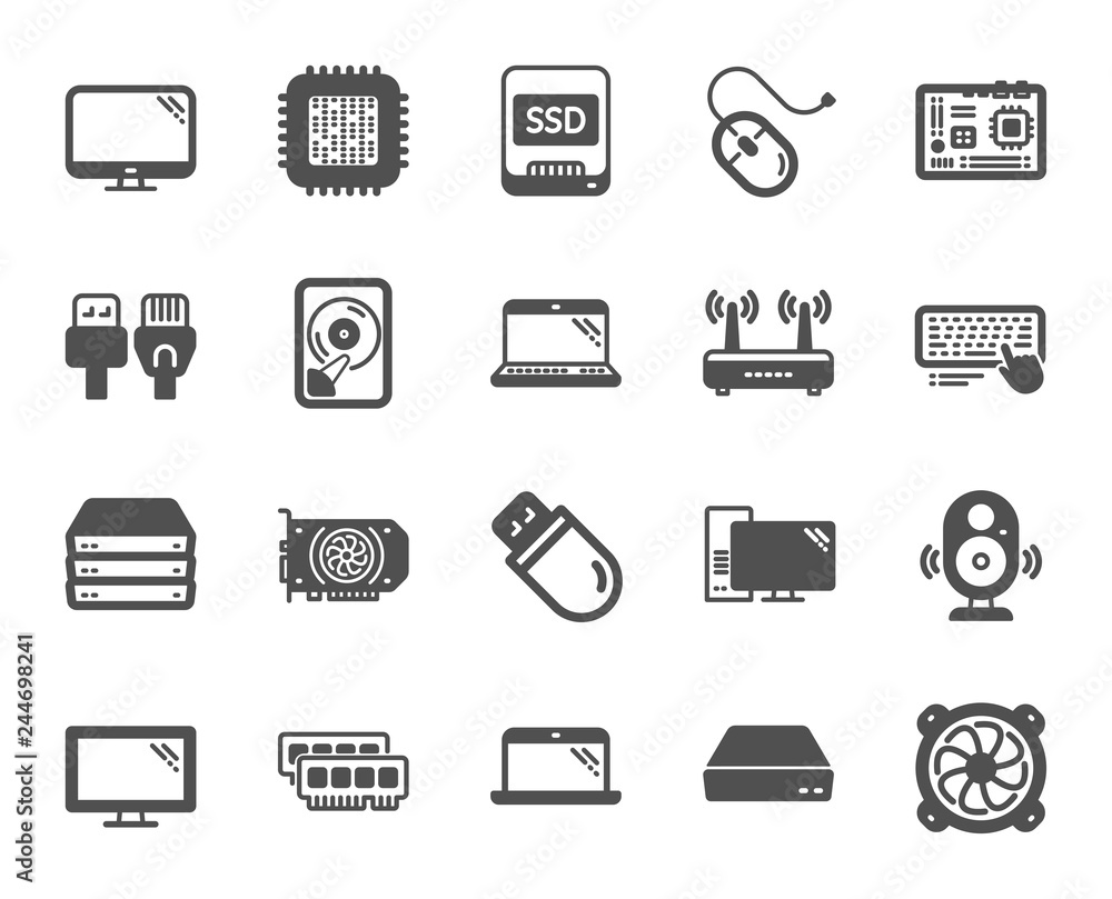 Computer components, Laptop, SSD icons. Motherboard, CPU, Internet cables icons. Wifi router, computer monitor, Graphic card. Keyboard, SSD device. Internet cables, laptop components. Vector
