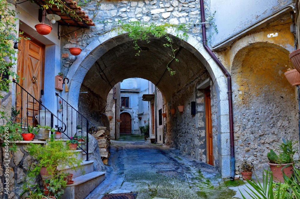 Houses and alleys in a small quaint Italian village, in Rocca d'Evandro (central Italy)