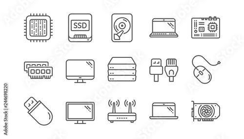 Computer device line icons. Motherboard, CPU and Laptop. SSD memory linear icon set.  Vector