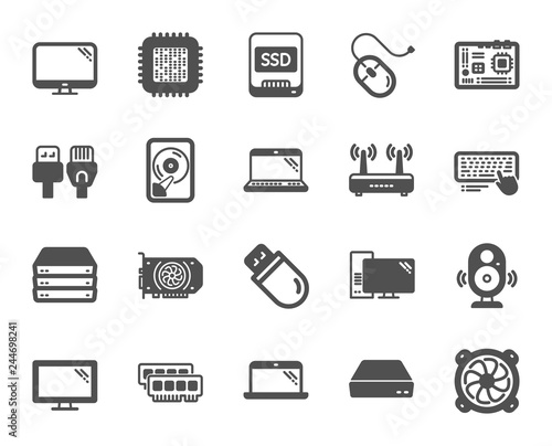 Computer components, Laptop, SSD icons. Motherboard, CPU, Internet cables icons. Wifi router, computer monitor, Graphic card. Keyboard, SSD device. Internet cables, laptop components. Vector