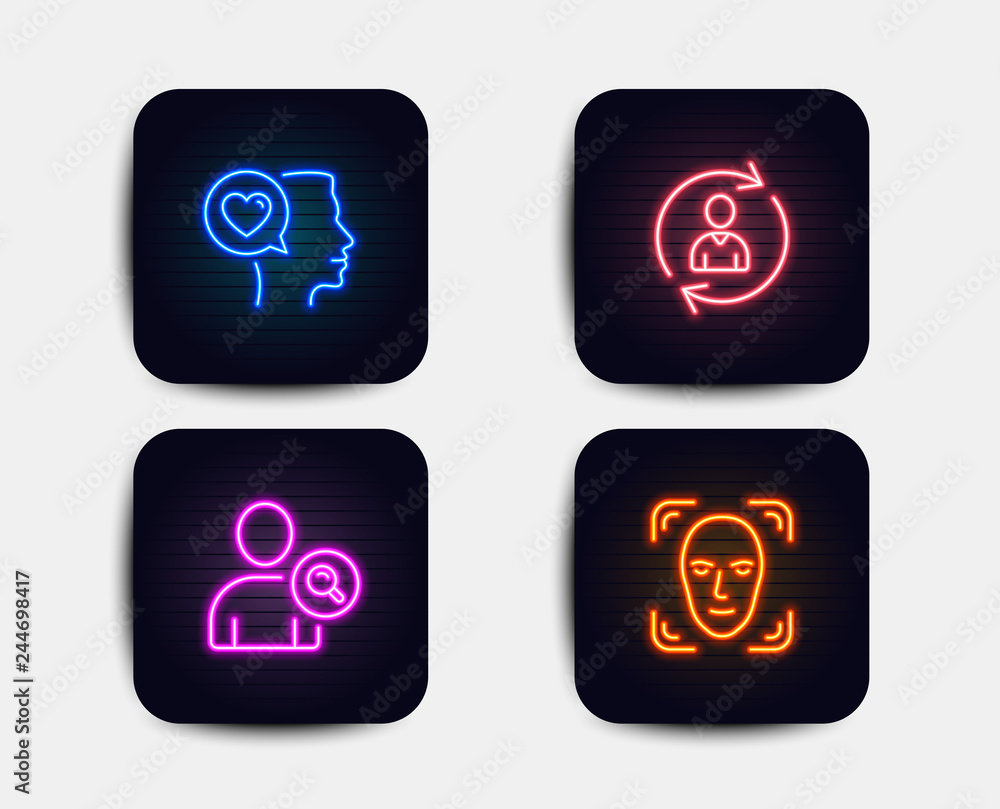 Neon glow lights. Set of Romantic talk, Person info and Find user icons. Face detection sign. Love chat, Refresh user data, Search person. Neon icons. Glowing light banners. Vector Neon glow lights. Set of Romantic talk, Person info and Find user icons. Face detection sign. Love chat, Refresh user data, Search person. Neon icons. Glowing light banners. Vector