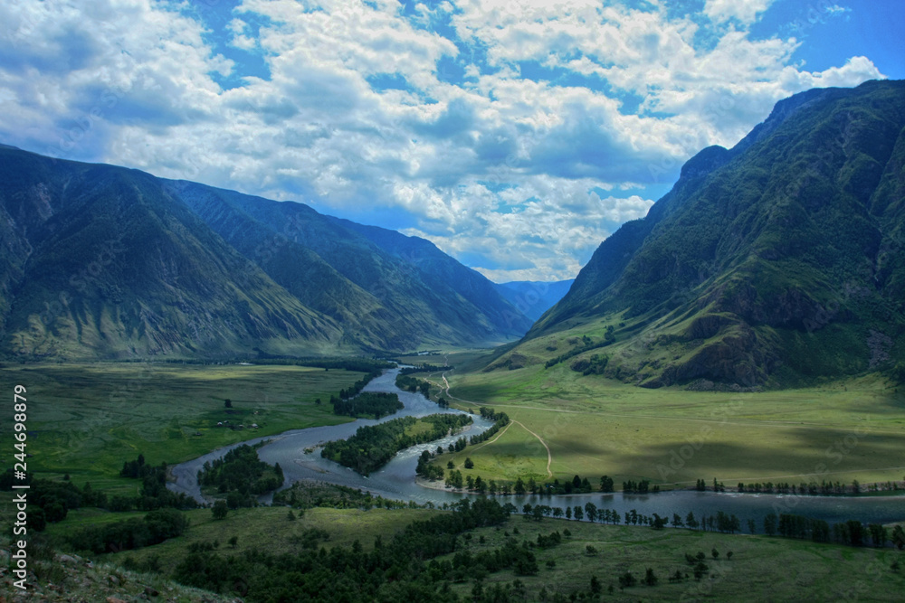 Beautiful view of the Valley of Chulyshman river on Altai in Russia Beautiful view of the Valley of Chulyshman river on Altai in Russia