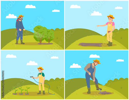 Farmer Planting Seeds Set Vector Illustration
