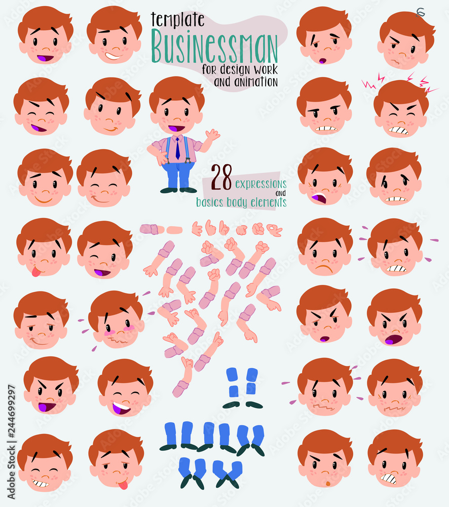 Businessman in casual style. Twenty eight expressions and basics body elements, template for design work and animation. Vector illustration to Isolated and funny cartoon character. Businessman in casual style. Twenty eight expressions and basics body elements, template for design work and animation. Vector illustration to Isolated and funny cartoon character.