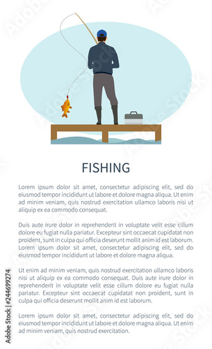 Fisherman on Pier with Catch on Rod Vector Poster