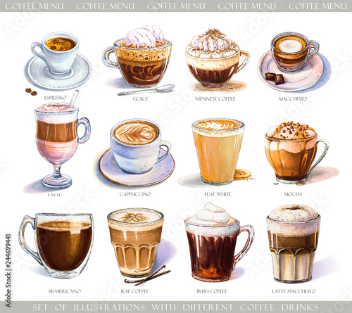 Set with diferent coffee drinks for cafe or coffeehouse menu. Illustration of strong espresso, gentle latte, sweet macchiato and cappuccino, Viennese coffee and glace with ice cream. 