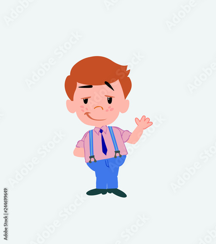 Businessman in casual style waving with a dreamy expression.