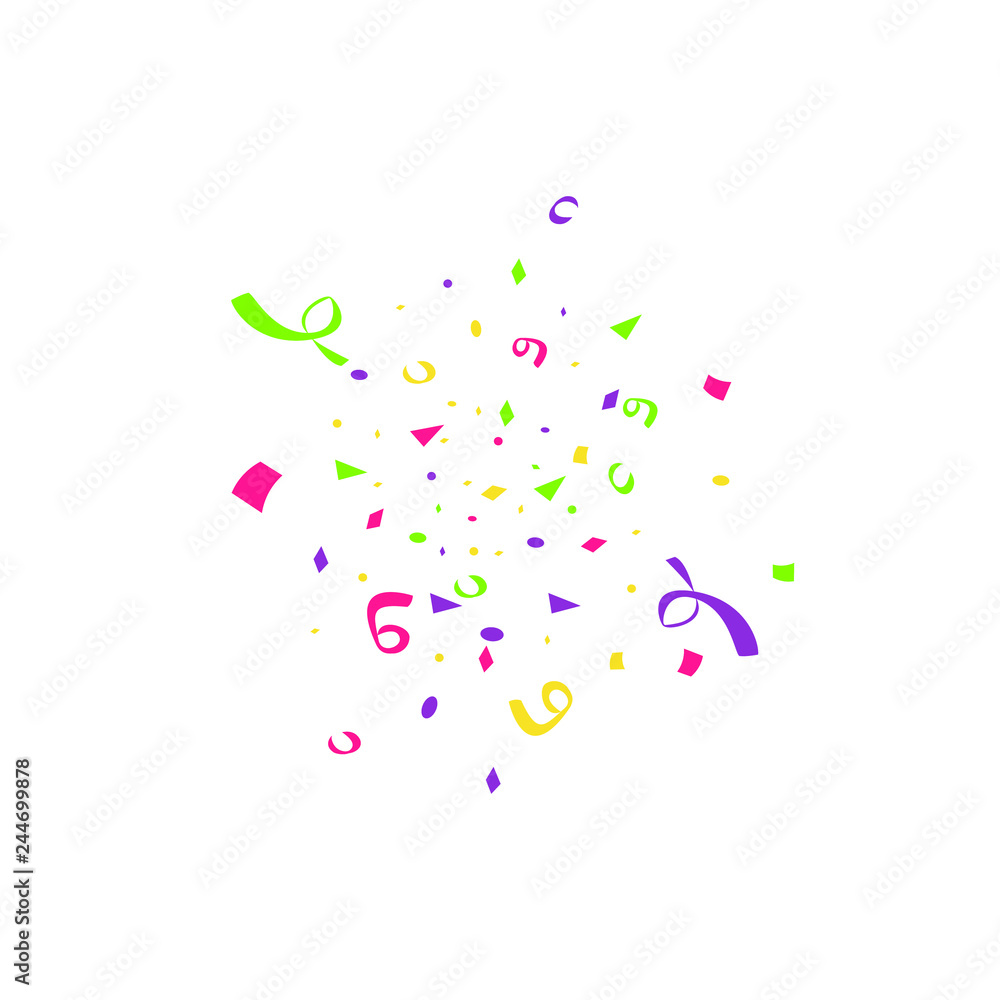 Fototapeta premium Colorful confetti burst isolated on white background. Festive template. Vector illustration of falling particles for holydays design