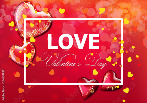 Valentine day card with hearts Vector realistic. Soft bokeh effect romantic c...
