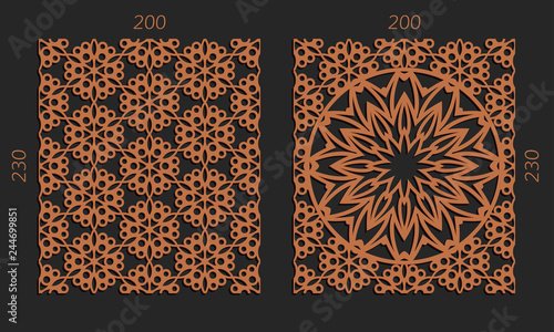Laser cutting set. Woodcut vector trellis panels. Plywood lasercut floral design. Hexagonal seamless patterns for printing, engraving, paper cut. Stencil lattice ornaments.