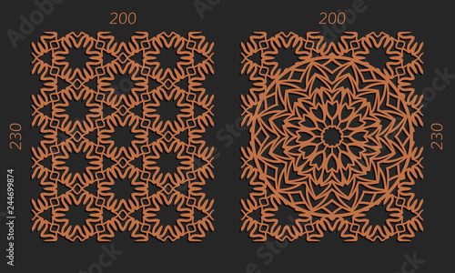 Laser cutting set. Woodcut vector trellis panels. Plywood lasercut floral design. Hexagonal seamless patterns for printing, engraving, paper cut. Stencil lattice ornaments.