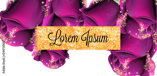 Pruple roses golden glitter card Vector. Shiny glamour invitation. Wedding ce...