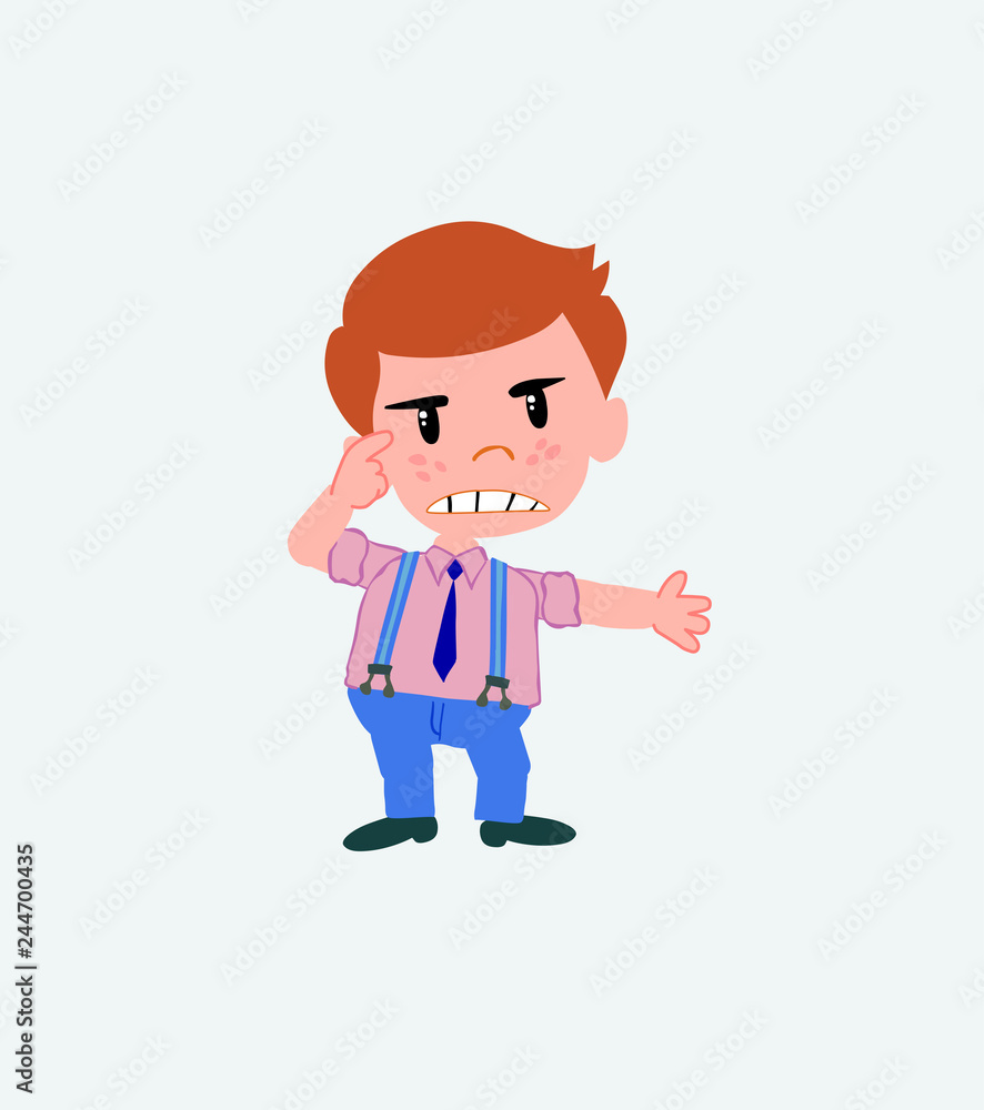 Businessman in casual style, is angry and points his head with his index finger.