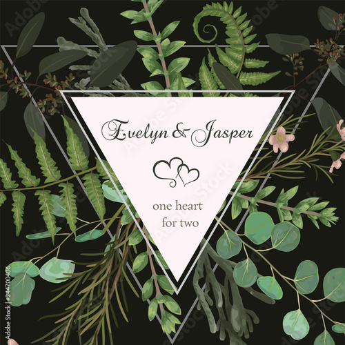 Wedding square floral invitation, invite card. Vector watercolor set green forest fern, herbs, brunia, eucalyptus, branches boxwood, buxus and chamaelaucium.. Botanical decorative frame, triangle