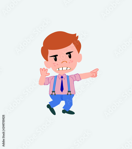 Businessman in casual style points angrily to his left.