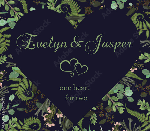 Valentine greeting card, invite card. Vector watercolor style herbs, eucalyptus,  forest fern, brunia, waxflower. Natural, branches boxwood, buxus  and chamaelaucium. Decorative