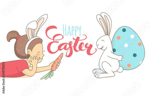 Funny greeting Happy Easter card girls white bunny painting egg.