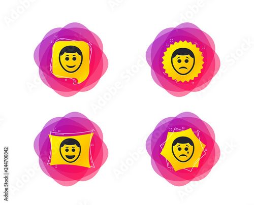 Human smile face icons. Happy, sad, cry signs. Happy smiley chat symbol. Sadness depression and crying signs. Geometric gradient sales shapes. Creative banners. Template for design. Vector