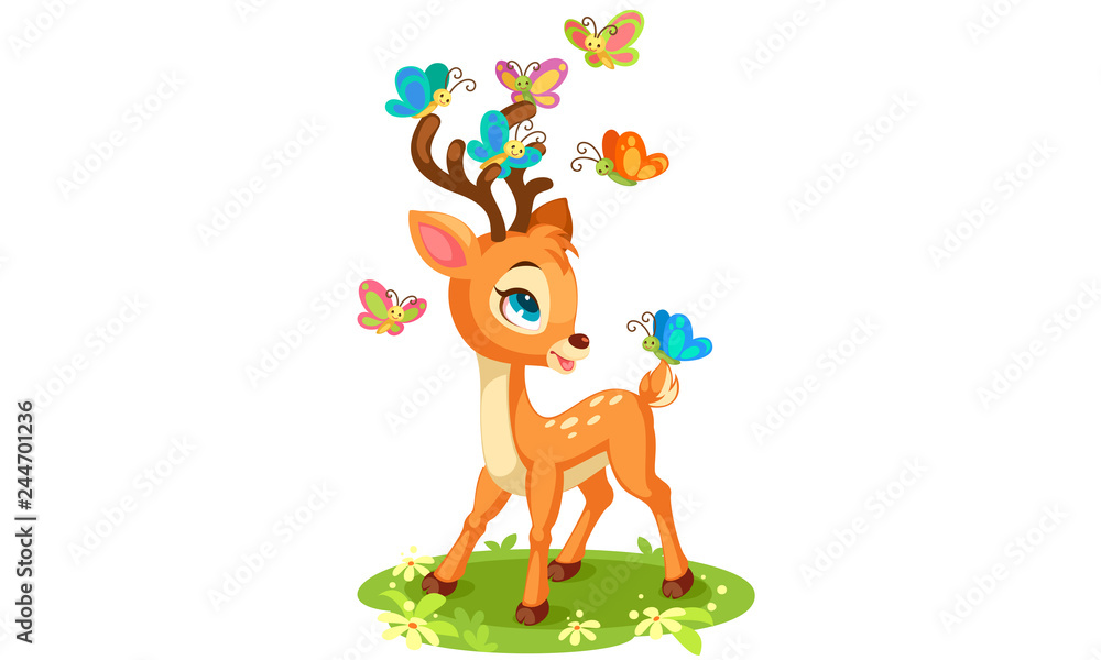 Obraz premium Cute baby deer and butterflies playing