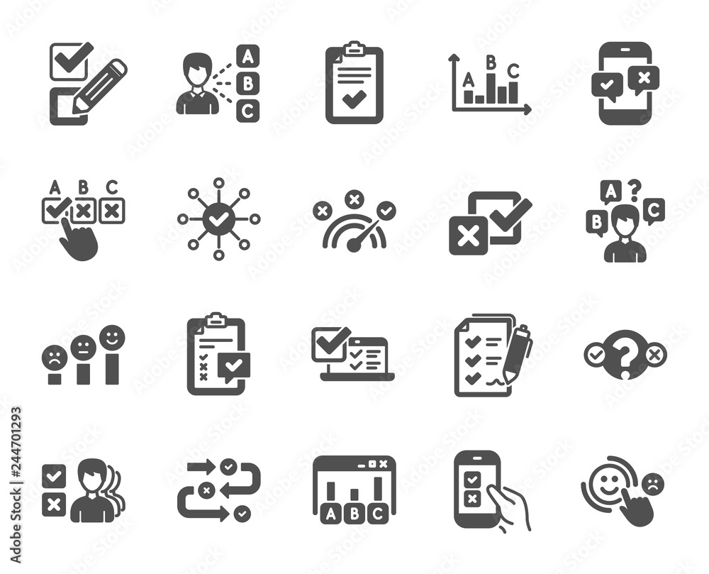 Survey or Report icons. Opinion, Customer satisfaction feedback and Test survey icons. Checklist review, Quiz and Business report symbols. Evaluation quiz, Feedback chart, Management. Vector Survey or Report icons. Opinion, Customer satisfaction feedback and Test survey icons. Checklist review, Quiz and Business report symbols. Evaluation quiz, Feedback chart, Management. Vector