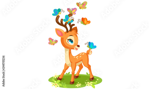 Cute baby deer and butterflies playing