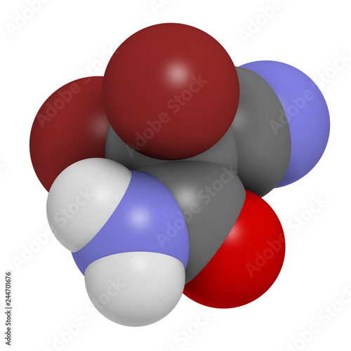 2,2-dibromo-3-nitrilopropionamide (DBNPA) biocide molecule. 3D rendering. Atoms are represented as spheres with conventional color coding: hydrogen (white), carbon (grey), nitrogen (blue), etc photo