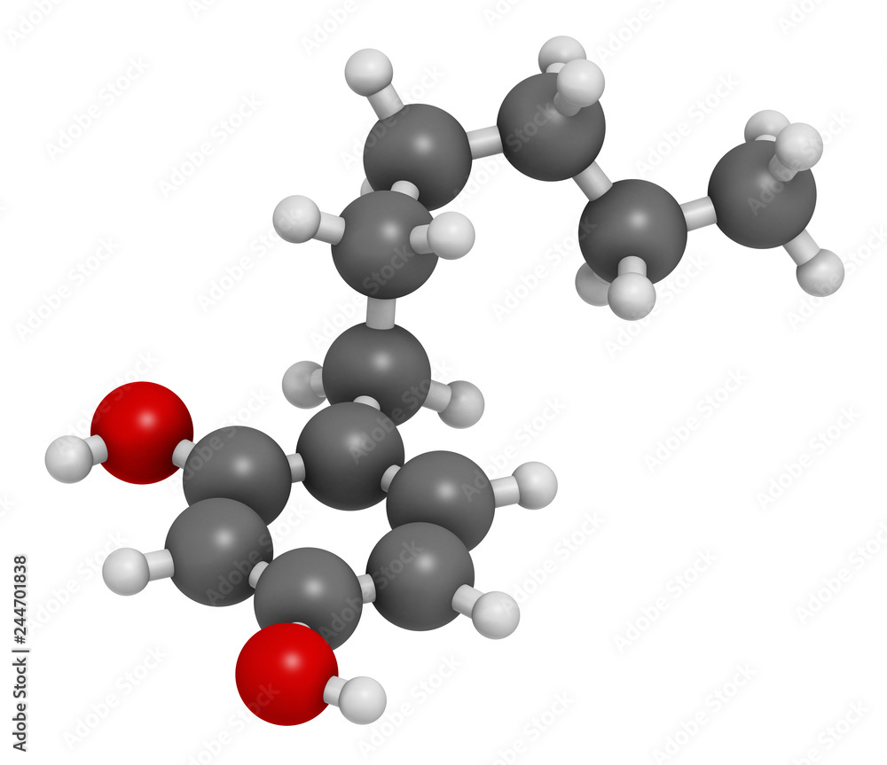 Hexylresorcinol molecule. Has anaesthetic, antiseptic and anthelmintic properties. 3D rendering. Atoms are represented as spheres with conventional color coding: hydrogen (white), carbon (grey), etc Hexylresorcinol molecule. Has anaesthetic, antiseptic and anthelmintic properties. 3D rendering. Atoms are represented as spheres with conventional color coding: hydrogen (white), carbon (grey), etc
