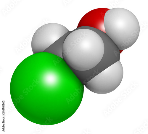Ethylene chlorohydrin molecule. Side product formed during ethylene oxide sterilization. 3D rendering. Atoms are represented as spheres with conventional color coding: hydrogen (white), etc © molekuul.be