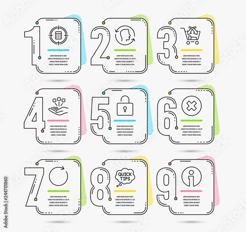 Infographic template with numbers 9 options. Set of Cross sell, Close button and Consolidation icons. Quick tips, Lock and Synchronize signs. Calculator target, Face id and Info symbols. Vector