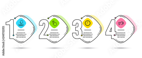 Infographic template 4 options or steps. Set of Elastic, Touchpoint and Time icons. Megaphone sign. Resilience, Touch technology, Office clock. Advertisement.  Process diagram, workflow layout