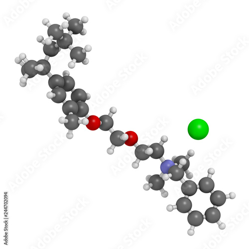 Methylbenzethonium chloride antiseptic molecule. 3D rendering. Atoms are represented as spheres with conventional color coding: hydrogen (white), carbon (grey), oxygen (red), etc