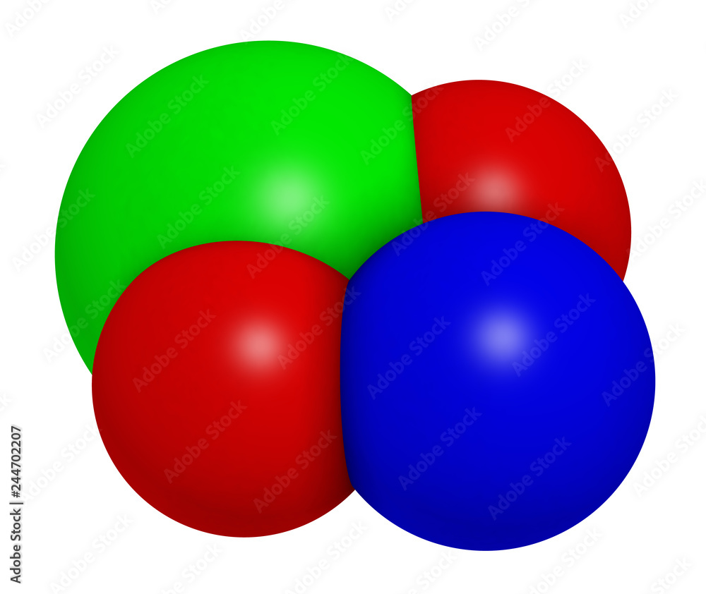 Sodium chlorite, chemical structure. 3D rendering. Atoms are