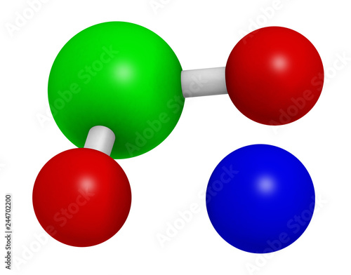 Sodium chlorite, chemical structure.  3D rendering. Atoms are represented as spheres with conventional color coding: chlorine (green), oxygen (red), sodium (blue). photo