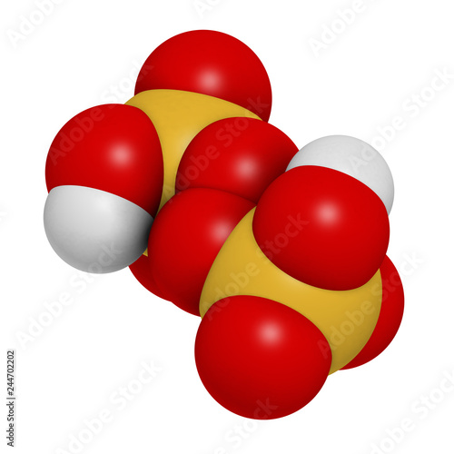 Peroxydisulfuric acid oxidizing agent molecule. 3D rendering. Atoms are represented as spheres with conventional color coding: hydrogen (white), carbon (grey), oxygen (red), sulfur (yellow). photo