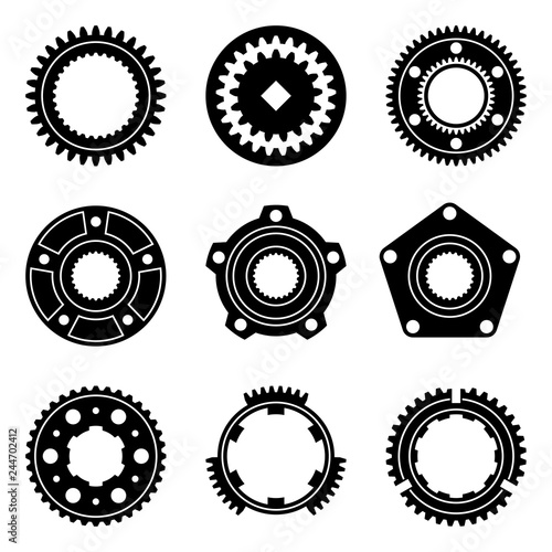 Machine parts. Gear, flange and synchro ring. Vector illustration