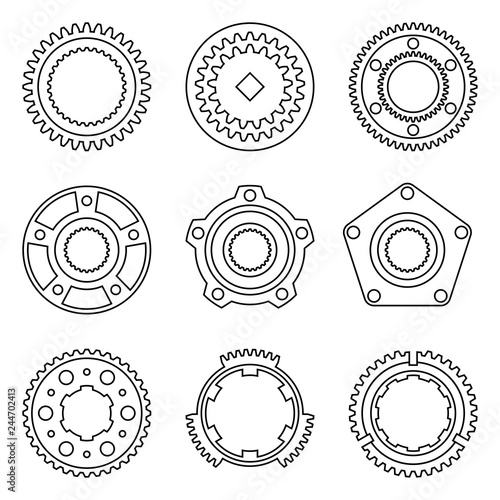 Gear, flange and synchro ring. Thin line icons