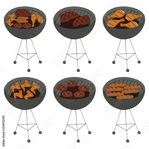 Collection of BBQ objects. set of barbecue elements, steak, chops, chicken legs and wings, sausages . Hand drawn. Fast food. Can be used for cafe and restaurant menus, packaging, advertisements.