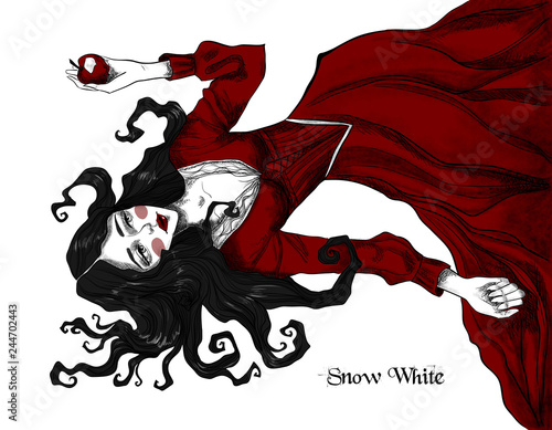 Snow White and a poisoned apple. Beautiful fairytale illustration on white isolated background