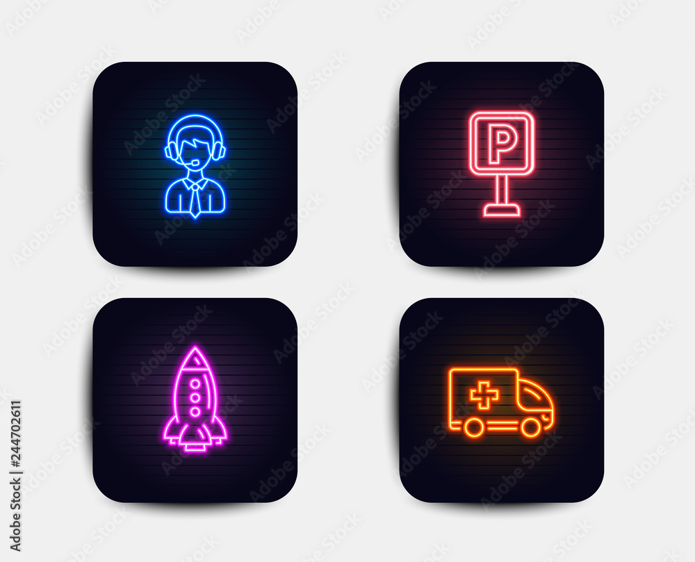 Neon glow lights. Set of Rocket, Shipping support and Parking icons. Ambulance emergency sign. Spaceship, Delivery manager, Auto park. Medical transport. Neon icons. Glowing light banners. Vector Neon glow lights. Set of Rocket, Shipping support and Parking icons. Ambulance emergency sign. Spaceship, Delivery manager, Auto park. Medical transport. Neon icons. Glowing light banners. Vector