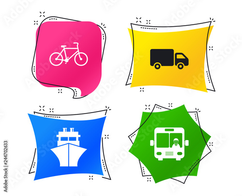 Transport icons. Truck, Bicycle, Public bus with driver and Ship signs. Shipping delivery symbol. Family vehicle sign. Geometric colorful tags. Banners with flat icons. Trendy design. Vector