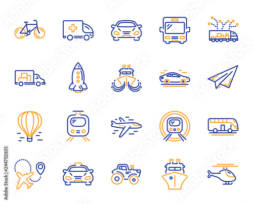 Transport line icons. Taxi, Helicopter and subway train icons. Truck car, Tram and Air balloon transport. Bike, Airport airplane and Ship, subway. Travel bus, ambulance car, paper airplane. Vector